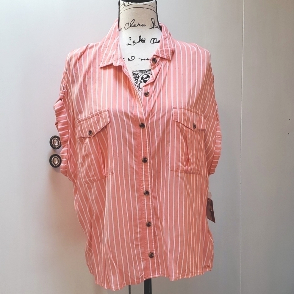 Women's Pink & White Stripe Top Front Pockets Roll Tab Sleeves Coastal Preppy XL